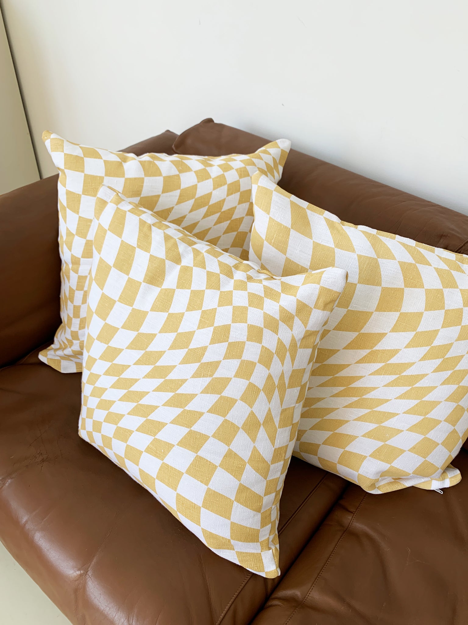 Linen Screen Printed Beige Twisted Checkerboard Pillows