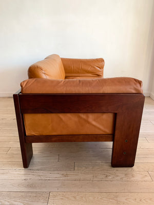 1973 Rosewood and Cognac Leather Tobia Scarpa for Knoll "Bastiano" Sofa
