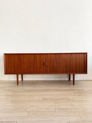 Mid Century Teak Danish Credenza w/ Tambour Doors by Svend Aage Larsen for Faarup Mobel