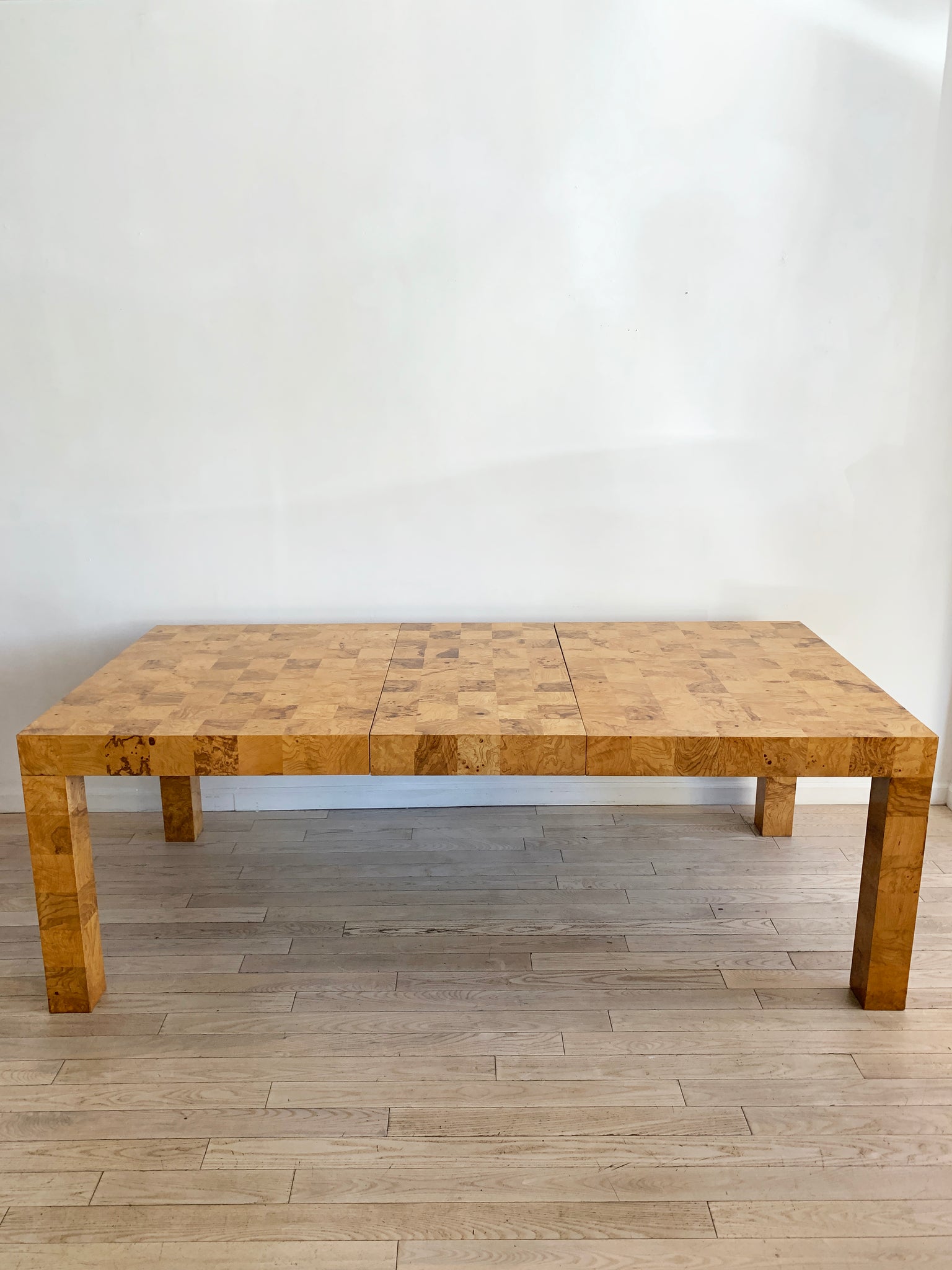 1970s Patchwork Olive Burl Wood Parsons Dining Table W/ Leaves