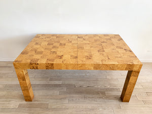 1970s Patchwork Olive Burl Wood Parsons Dining Table W/ Leaves