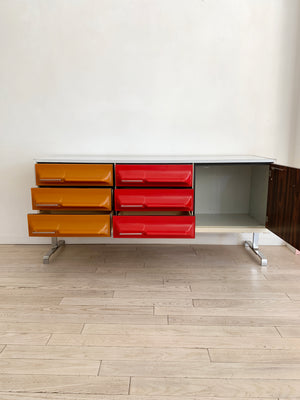 1970s Space Age Multi Colored + Rosewood Plastic Front Credenza By Giovanni Maur
