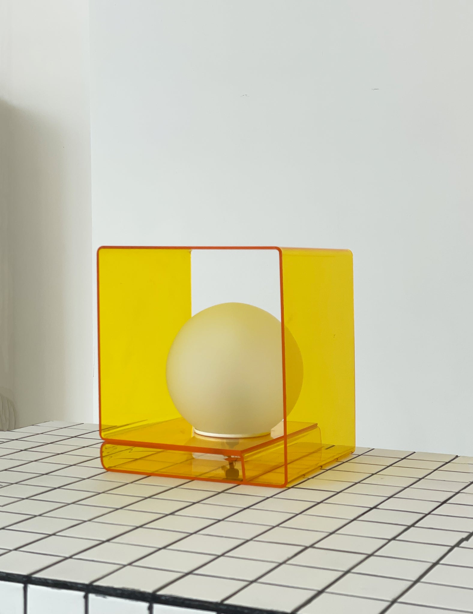 1970s Yellow Plexiglass Cube Orb Lamp