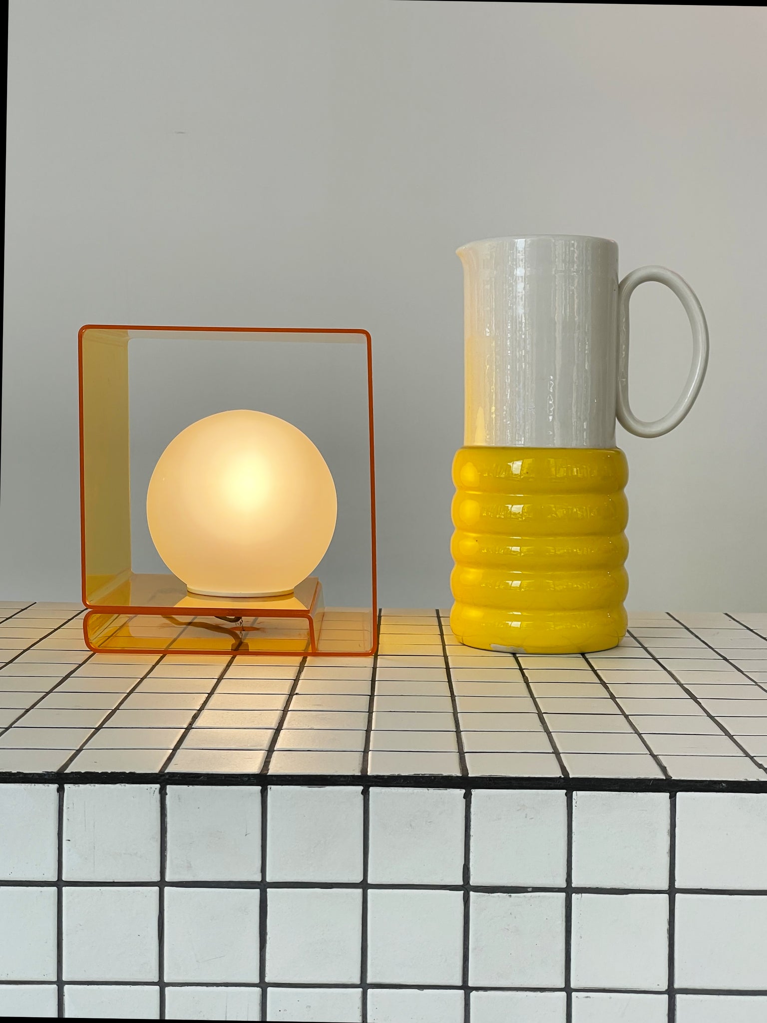 1970s Yellow Plexiglass Cube Orb Lamp